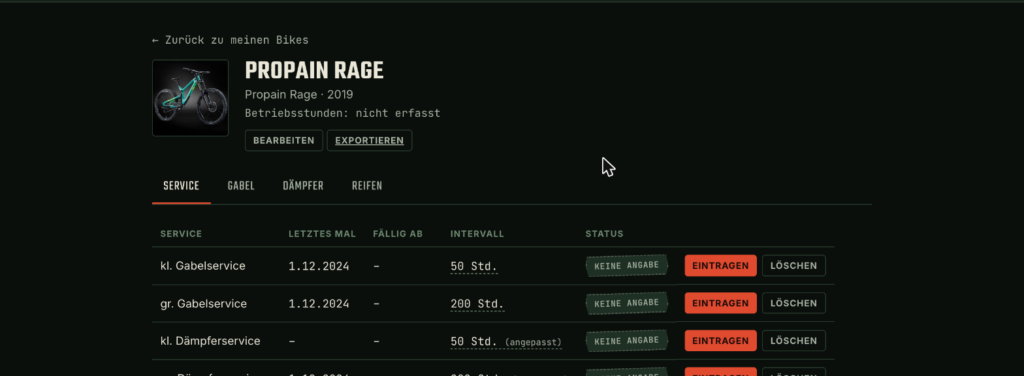 Bike-Detailansicht mit Service-Tabelle in der MTB Service App