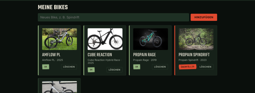 Übersicht der Bikes in der MTB Service App