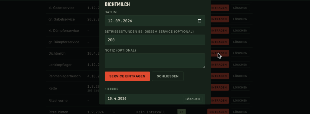 Formular zum Eintragen eines Service in der MTB Service App
